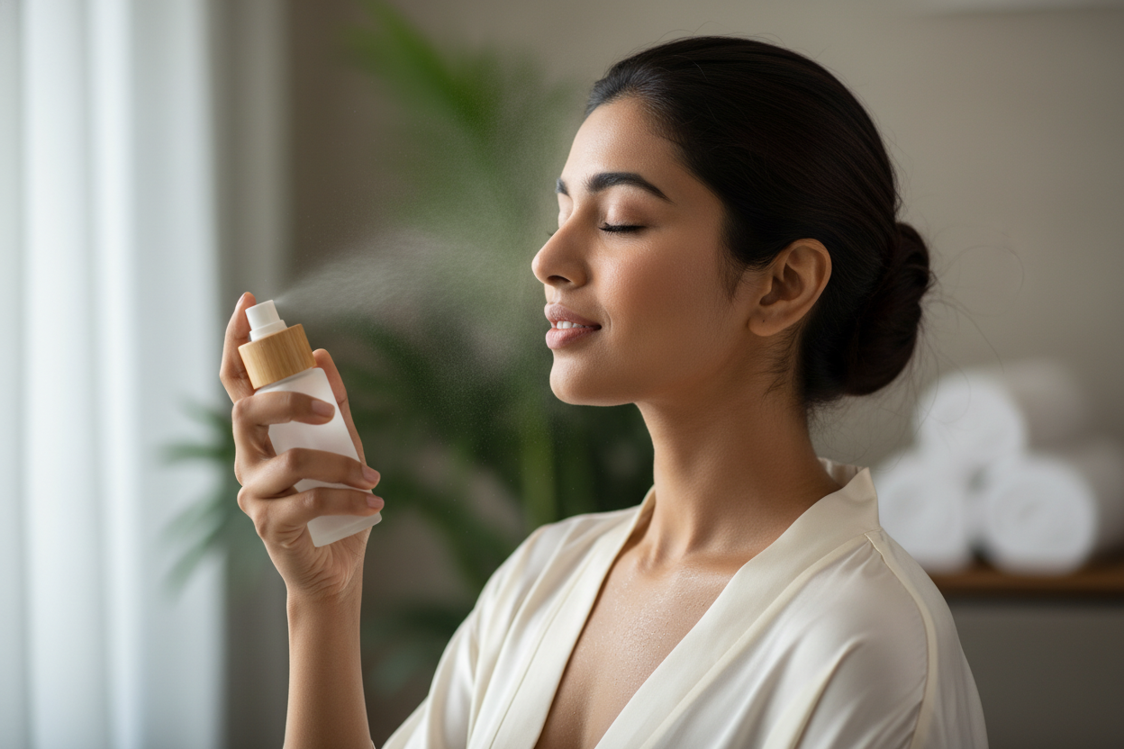 Beautiful Idian woman misting her face and chest with a frosted glass bamboo top spray jar