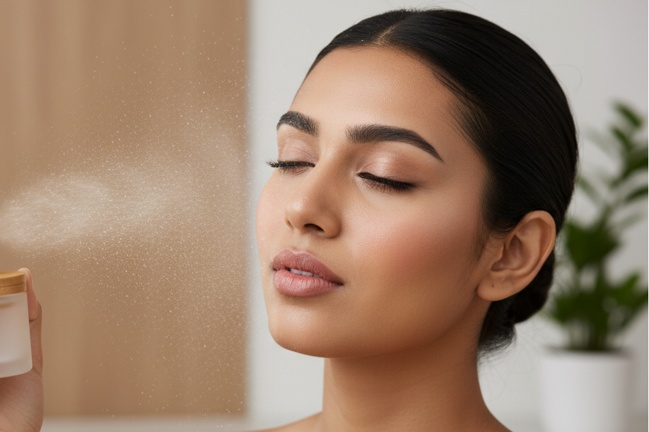 Beautiful indian woman misting moisturizer from a frosted glass bamboo lid jar onto her semi permanent makeup face
