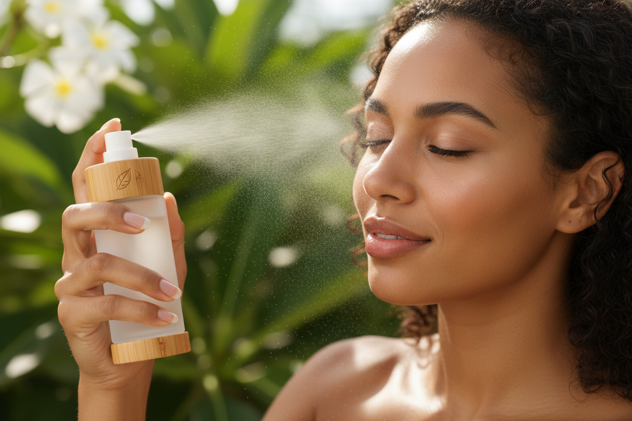 Caribbean woman misting her face with a frosted glass bamboo jar 